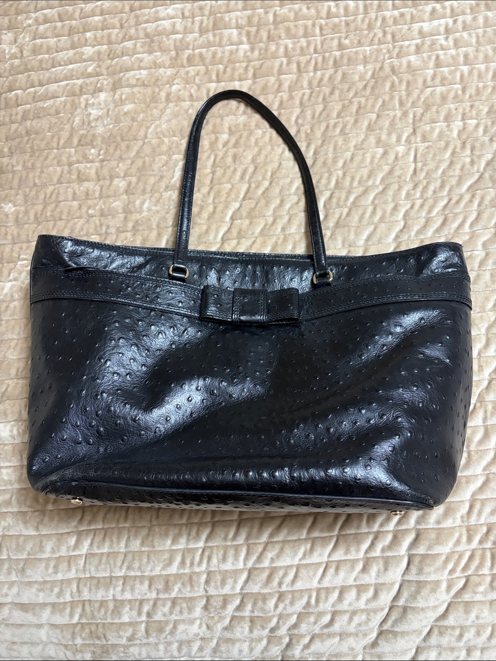Kate Spade Ostrich Black Leather Tote Bag with Bow Accent